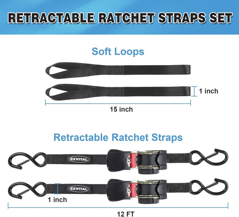 EXVITAL Retractable Ratchet Straps Havy Duty 1200lbs Break Strength Retractable tie Down Straps Auto self retracting Ratchet Straps for Truck, Cargo Trailer, Motorcycle,1“×12ft Black - Image 5